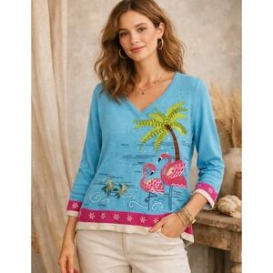 Jack B Quick Beaded Flamingo Sweater M Blue Pink Tropical Sequin Novelty Vintage